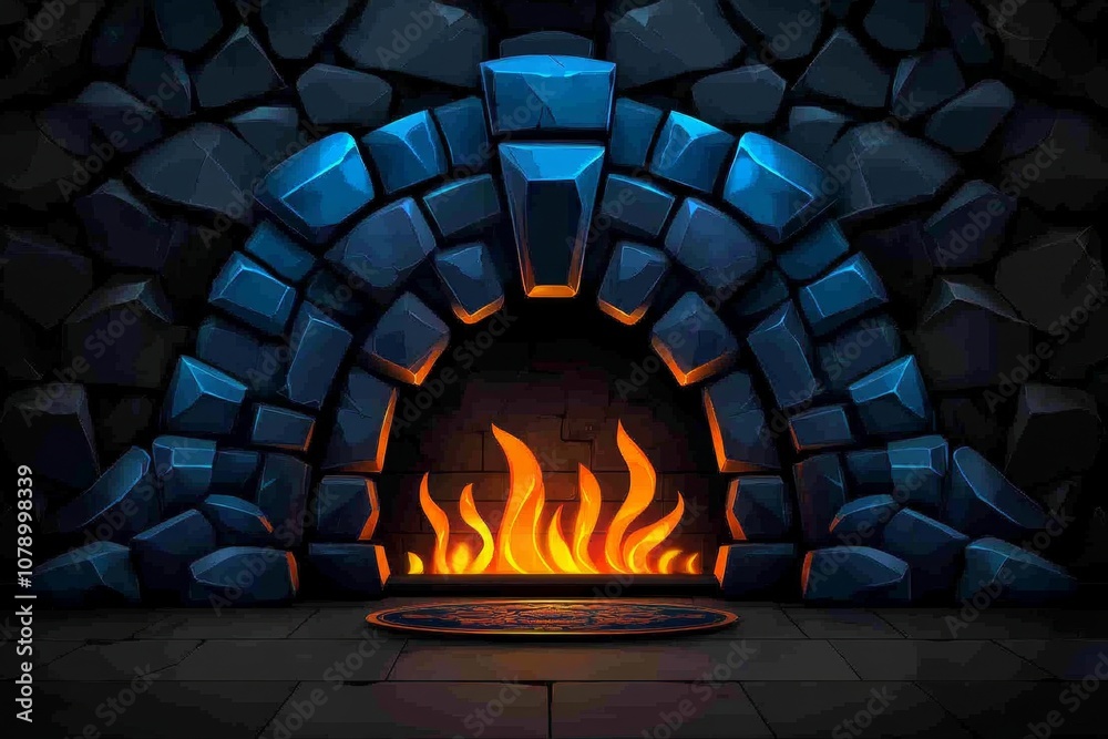 Poster A pixel art fireplace with animated flames and a small rug in front, styled like a retro video game scene