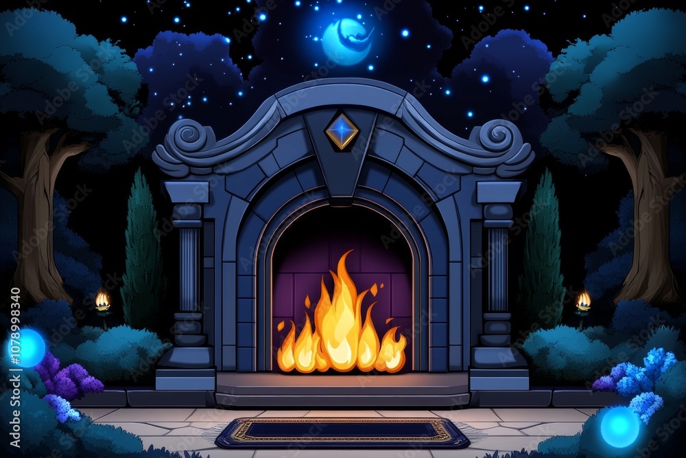 Poster A pixel art fireplace with animated flames and a small rug in front, styled like a retro video game scene