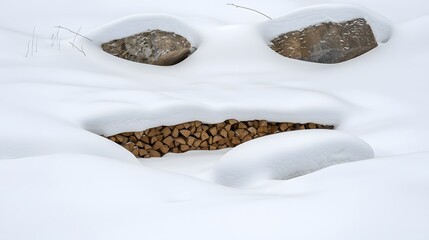 Snowy Woodpile: Stacks of firewood, neatly arranged, partially buried in snow. The promise of...