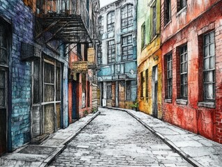 Fototapeta premium City street in style pen art neighborhood alleyway.
