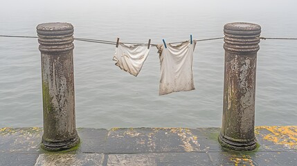 Tattered Clothesline: A clothesline strung between two weathered poles, empty except for a single...