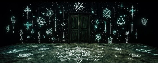 Mysterious symbols glowing in dark room with wooden door, spiritual atmosphere.