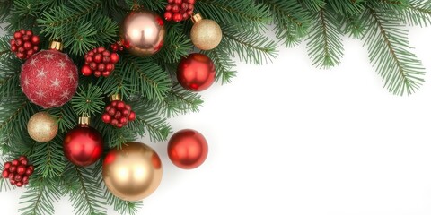 Naklejka premium Top view of a festive winter holiday decoration featuring green fir branches and shiny red and gold balls, festive