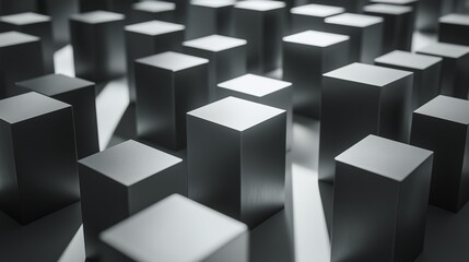 A minimalist 3D grid of sharp-edged cubes, varying in height and finished in matte gunmetal gray. The light casts long, soft shadows, enhancing the sleek atmosphere.