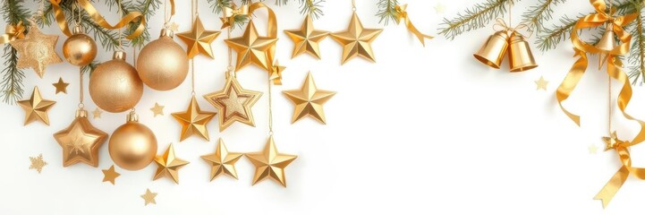 Various Christmas elements such as ornaments, stars, bells, and ribbons hanging in gold against an isolated white background, isolated, hanging