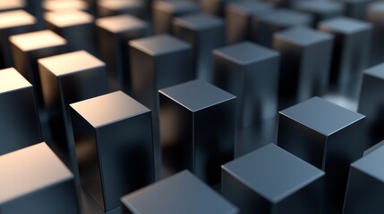 Fototapeta premium A minimalist 3D grid of sharp-edged cubes, varying in height and finished in matte gunmetal gray. The light casts long, soft shadows, enhancing the sleek atmosphere.