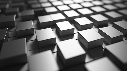 Fototapeta premium A minimalist 3D grid of sharp-edged cubes, varying in height and finished in matte gunmetal gray. The light casts long, soft shadows, enhancing the sleek atmosphere.