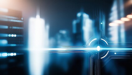 A futuristic digital interface with glowing blue panels and a blurred, high-tech cityscape background in soft focus