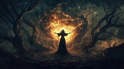 Emerging primordial forest Lilith stretches her arms wide invoking elemental power amidst backdrop twisted trees and dramatic sky.