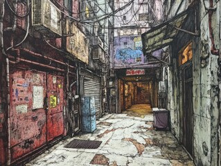 Fototapeta premium City street in style pen art neighborhood alleyway.