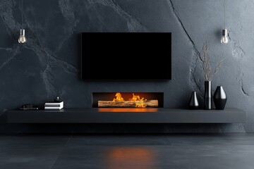 A simple, clean illustration of a modern fireplace with a single log, set in a minimalist living room