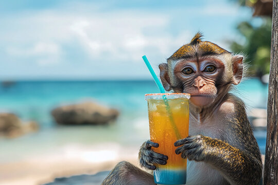 A curious monkey holding a colorful drink at a seaside bar, turquoise ocean in the background.