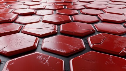 Obraz premium A network of red octagonal tiles, some raised and others recessed, creating a tactile 3D surface with a glossy finish and subtle reflections.