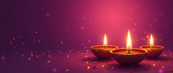 Diwali celebration with radiant diyas and floral decor on purple background