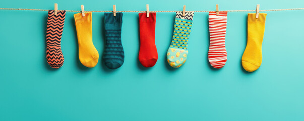 Brightly colored socks hanging on clothesline against turquoise background, showcasing various patterns and styles. cheerful and vibrant display of fun socks