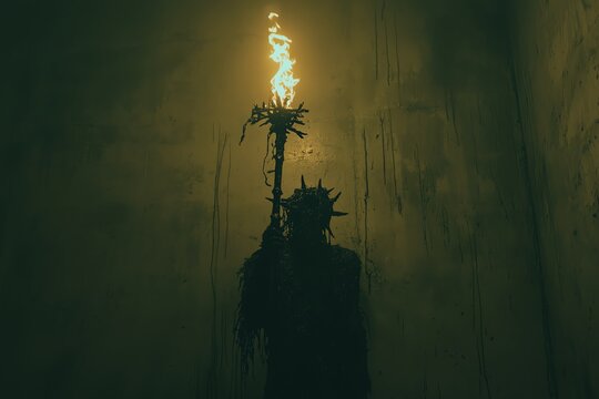 Mysterious figure holds flaming torch in dark, eerie environment, creating a dramatic atmosphere.