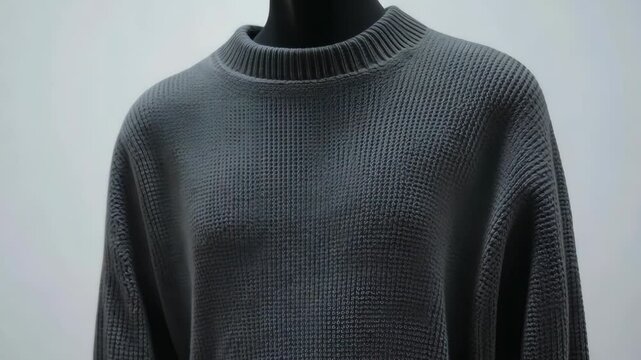 A gray waffle-knit sweater with a crew neck, shown on a mannequin against a white background