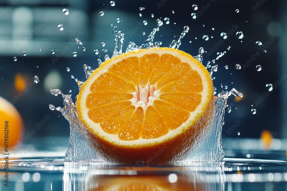 Poster an orange section being squeezed, with juice droplets in the air, showing freshness