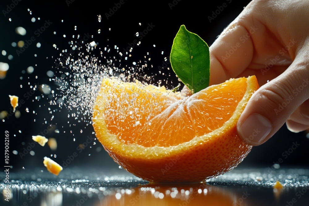 Poster an orange section being squeezed, with juice droplets in the air, showing freshness