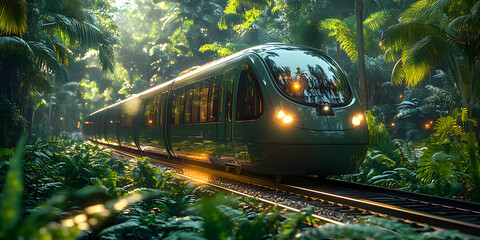 A green modern train in the middle of a tropical jungle with sunlight streaming through the trees, showcasing a blend of technology and nature
