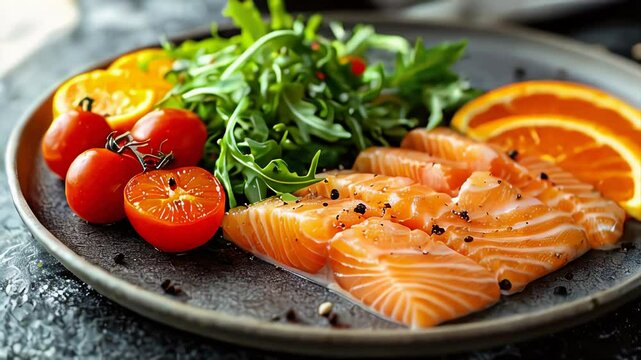 Fresh salmon sashimi with arugula, cherry tomatoes, and orange slices on a plate