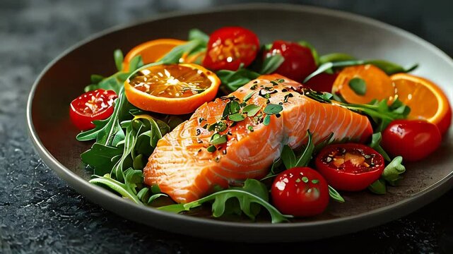 Fresh salmon sashimi with arugula, cherry tomatoes, and orange slices on a plate