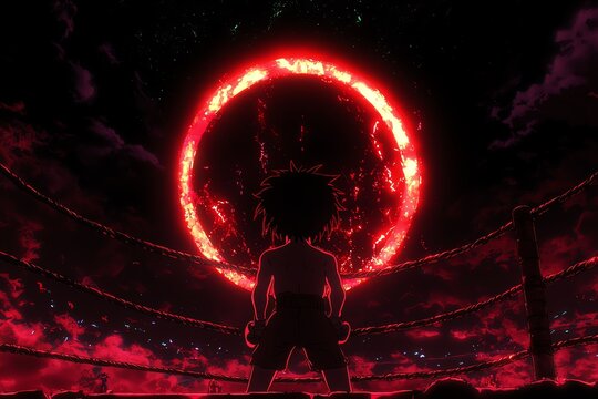 Silhouetted boxer faces glowing red ring in dramatic night sky