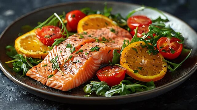 Fresh salmon sashimi with arugula, cherry tomatoes, and orange slices on a plate