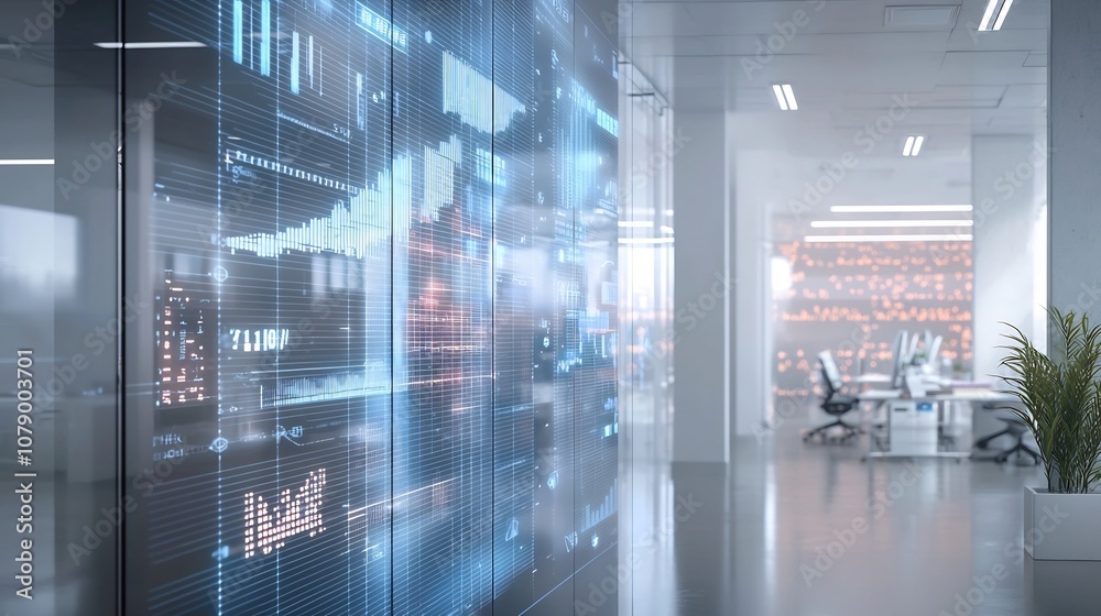 Poster transparent wall with interactive heat map visualizing data clusters in modern office space