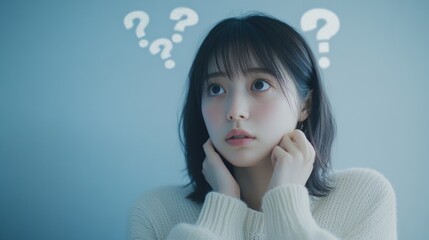 Contemplative Japanese Woman: A Minimalist and Elegant High-Resolution Image with Question Marks and Soft Pastel Tones.       