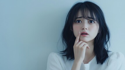 Pensive Japanese Woman in White: Early to Mid-20s, Conveying Worry and Contemplation on a Light Blue Background.