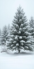 Fototapeta premium Winter landscape with snow-covered pine tree and delicate snowflakes falling, creating a festive and serene Christmas background, celebration