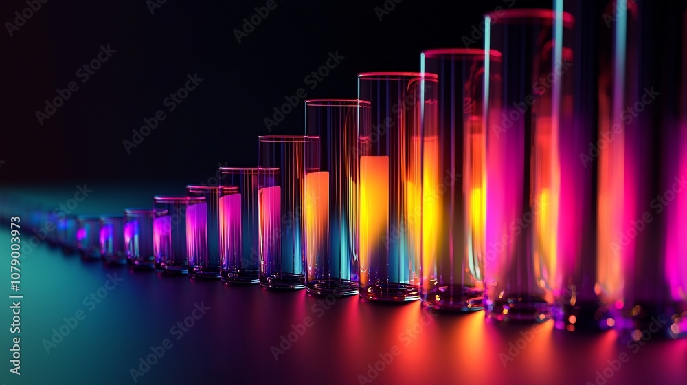 Poster glowing gradient bar graph cylinders representing dynamic data visualization