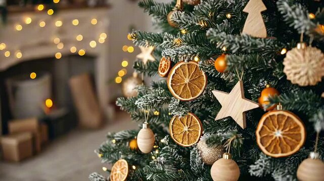 Close up of Christmas tree decorated with eco-friendly ornaments, including dried orange slices, wooden stars, and straw figures, soft fairy lights, natural decor