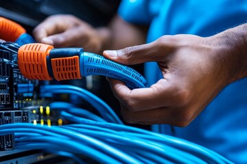Engineer installing network cables, showing precise work and the importance of connectivity
