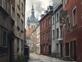 Fototapeta premium Cityscape of the old town of Riga, Latvia. Digital painting.