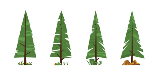 Pine tree landscape icon set, nature panorama illustration in flat style