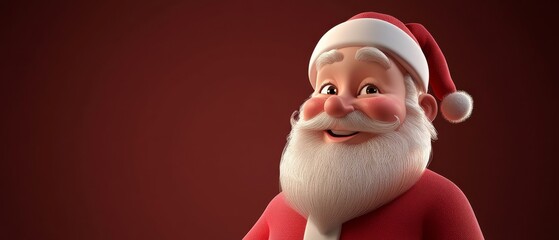 A cartoonish image of Santa Claus with a big smile on his face