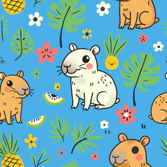 Seamless pattern with cartoon cute capybara animal, palm, monstera leaves, pineapple. Summer texture with funny animal. Vector texture