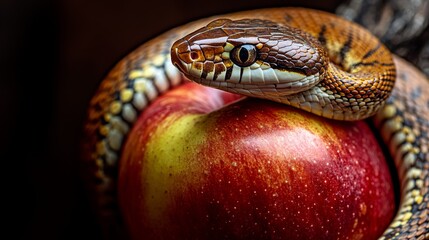 Fototapeta premium Isolated image of a snake coiled around a apple 