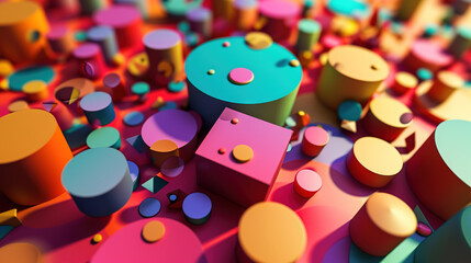Abstract background with colorful 3D shapes scattered in geometric composition