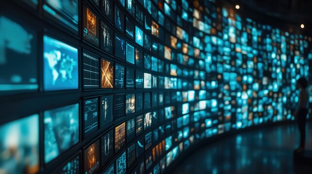 Wall of television screens broadcasting 24/7 news and media. Concept of internet, AI, and nonstop data, entertainment, and advertising.	