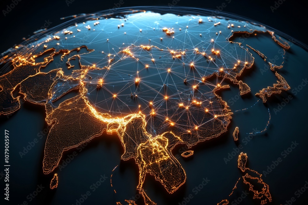 Poster Global network visualized with lines connecting major cities across a night-time map