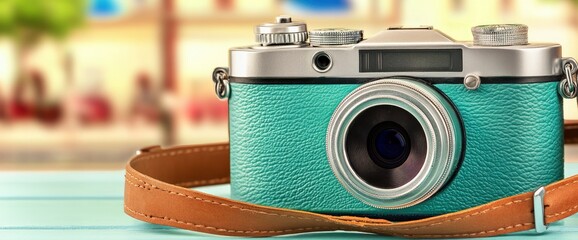 Vintage Camera with Leather Strap on a Wooden Table