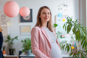 Pregnant businesswoman leader in a bright modern office, radiating confidence and professionalism, representing work-life balance and empowerment during maternity