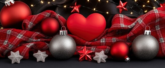 Red and Silver Christmas Ornaments with Heart and Lights