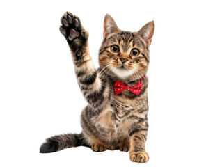Obraz premium Adorable tabby cat with red bow tie raising paw on transparent background.