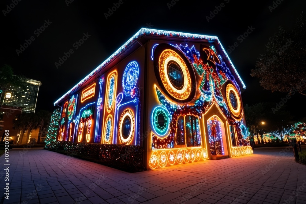 Poster intricate christmas light display synchronized with music, showing a house fully lit up with holiday