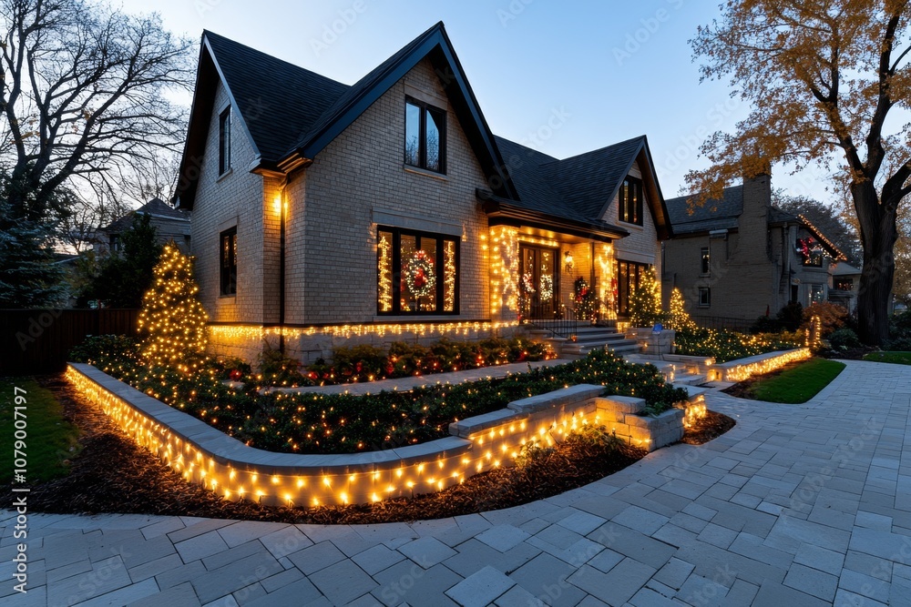 Poster intricate christmas light display synchronized with music, showing a house fully lit up with holiday
