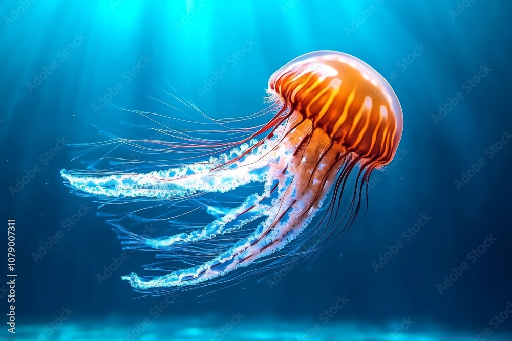 Poster Jellyfish floating gracefully in a deep blue ocean, with light creating a glow around them